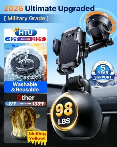 HTU 【98+LBS Strongest Suction & Military-Grade】 Ultimate Car Phone Mount【Patent & Safety Certs】 Cell Phone Holder Truck Stand for Dashboard Windshield Vent for iPhone 17 Pro Max 16 15 Samsung (Black) - 3