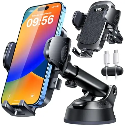 [2024 Upgrade 80LBS Strong Suction]YRU Car Phone Holder Mount,[Bumpy Road Stable]Dashboard Cell Phone Holder for Car Air Vent Windshield Phone Stand for iPhone 15 14 13 12 Pro Max Samsung Truck, Black - 1