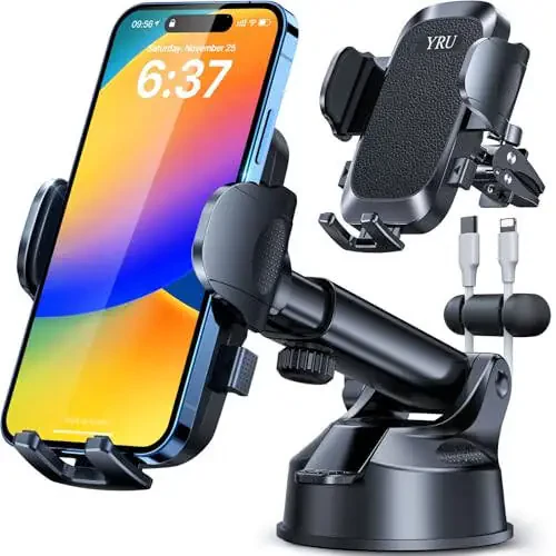 [2024 Upgrade 80LBS Strong Suction]YRU Car Phone Holder Mount,[Bumpy Road Stable]Dashboard Cell Phone Holder for Car Air Vent Windshield Phone Stand for iPhone 15 14 13 12 Pro Max Samsung Truck, Black - 1