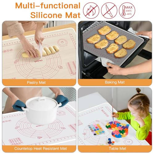 2024 Upgrade Silicone Baking Pastry Mat with Cutter, 4mm High Edge & Non-slip & Non-stick Dough Rolling Kneading Mat, Fondant/Crust Mat, Kitchen Counter Mat, Sourdough Bread Making Tool (19.68