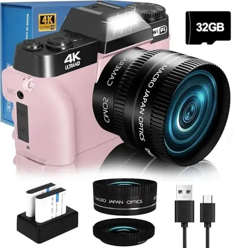 2024 Yaxshilanish VJIANGER Raqamli Fotoapparat Fototgrafiya Vlogging Kamerasi YouTube uchun WiFi bilan, 180° Aylanadigan Ekran, 16X Raqamli Zum, 52mm Ob'ektiv, 2 Batareya, 32GB Micro SD Karta(Pushti) - VJIANGER