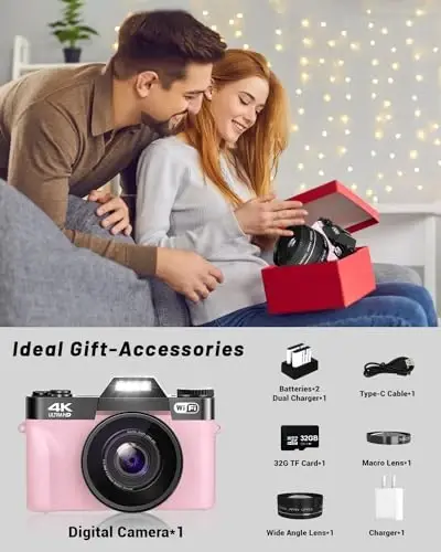 2024 Yaxshilanish VJIANGER Raqamli Fotoapparat Fototgrafiya Vlogging Kamerasi YouTube uchun WiFi bilan, 180° Aylanadigan Ekran, 16X Raqamli Zum, 52mm Ob'ektiv, 2 Batareya, 32GB Micro SD Karta(Pushti) - 2