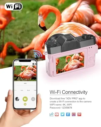 2024 Yaxshilanish VJIANGER Raqamli Fotoapparat Fototgrafiya Vlogging Kamerasi YouTube uchun WiFi bilan, 180° Aylanadigan Ekran, 16X Raqamli Zum, 52mm Ob'ektiv, 2 Batareya, 32GB Micro SD Karta(Pushti) - 4