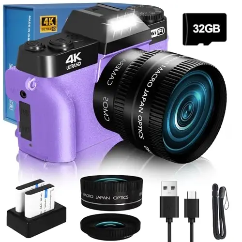 2024-yilgi yangilangan VJIANGER raqamli kamera fotografiya uchun 4K 56MP Vlogging kamerasi YouTube uchun Wi-Fi, 180° aylanadigan ekran, 16X raqamli zum, 52mm ob'ektiv, 2 batareya, 32GB Micro SD karta (binafsha rang) - 4