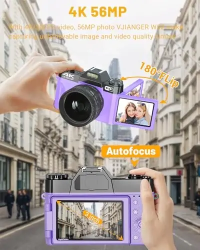 2024-yilgi yangilangan VJIANGER raqamli kamera fotografiya uchun 4K 56MP Vlogging kamerasi YouTube uchun Wi-Fi, 180° aylanadigan ekran, 16X raqamli zum, 52mm ob'ektiv, 2 batareya, 32GB Micro SD karta (binafsha rang) - 2024