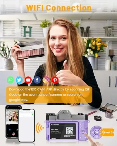 2024-yilgi yangilangan VJIANGER raqamli kamera fotografiya uchun 4K 56MP Vlogging kamerasi YouTube uchun Wi-Fi, 180° aylanadigan ekran, 16X raqamli zum, 52mm ob'ektiv, 2 batareya, 32GB Micro SD karta (binafsha rang) - 2