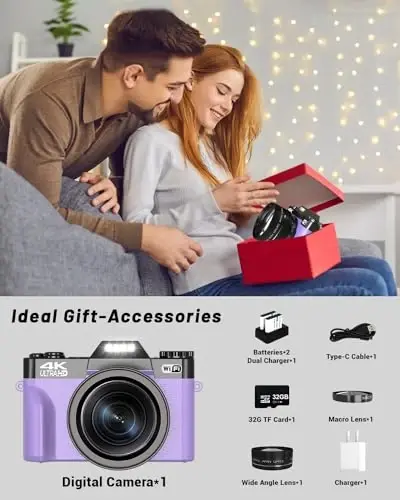 2024-yilgi yangilangan VJIANGER raqamli kamera fotografiya uchun 4K 56MP Vlogging kamerasi YouTube uchun Wi-Fi, 180° aylanadigan ekran, 16X raqamli zum, 52mm ob'ektiv, 2 batareya, 32GB Micro SD karta (binafsha rang) - 5