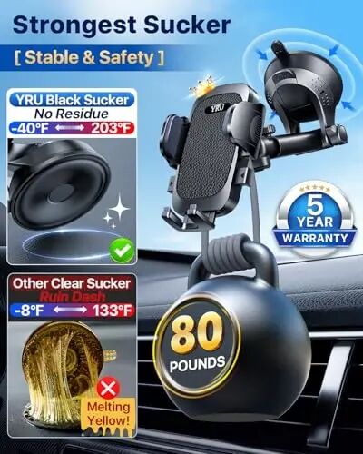 [True Upgrade for Safety] YRU Car Phone Holder Mount [Patent & Military-Grade] Dashboard Cell Phone Holder for Car Vent Windshield Phone Stand for iPhone17 16 15 14 13Pro Max Truck Samsung, Dark Black - YRU (1)
