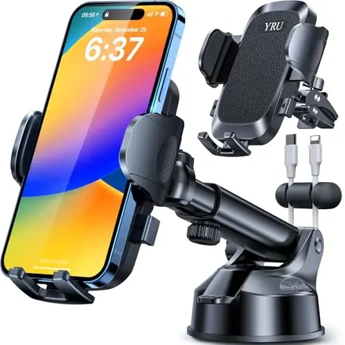 YRU [True Upgrade for Safety] Car Phone Holder Mount [Patent & Military-Grade] Dashboard Cell Phone Holder for Car Vent Windshield Phone Stand for iPhone 17 16 15 14 13 Pro Max Truck Samsung, Black 