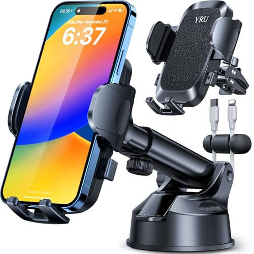 YRU [True Upgrade for Safety] Car Phone Holder Mount [Patent & Military-Grade] Dashboard Cell Phone Holder for Car Vent Windshield Phone Stand for iPhone 17 16 15 14 13 Pro Max Truck Samsung, Black - 1