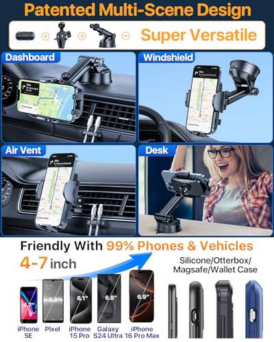 YRU [True Upgrade for Safety] Car Phone Holder Mount [Patent & Military-Grade] Dashboard Cell Phone Holder for Car Vent Windshield Phone Stand for iPhone 17 16 15 14 13 Pro Max Truck Samsung, Black - 4