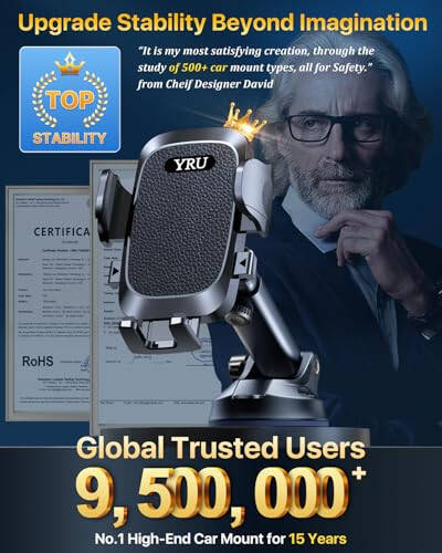 YRU [True Upgrade for Safety] Car Phone Holder Mount [Patent & Military-Grade] Dashboard Cell Phone Holder for Car Vent Windshield Phone Stand for iPhone 17 16 15 14 13 Pro Max Truck Samsung, Black - 5