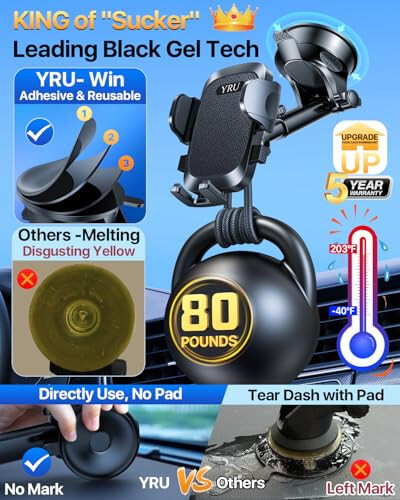 YRU [True Upgrade for Safety] Car Phone Holder Mount [Patent & Military-Grade] Dashboard Cell Phone Holder for Car Vent Windshield Phone Stand for iPhone 17 16 15 14 13 Pro Max Truck Samsung, Black - 6
