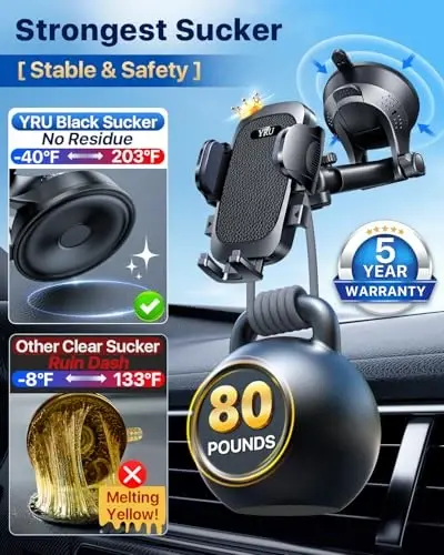 [True Upgrade for Safety] YRU Car Phone Holder Mount [Patent & Military-Grade] Dashboard Cell Phone Holder for Car Vent Windshield Phone Stand for iPhone17 16 15 14 13Pro Max Truck Samsung, Dark Black - 2