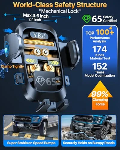 YRU [True Upgrade for Safety] Car Phone Holder Mount [Patent & Military-Grade] Dashboard Cell Phone Holder for Car Vent Windshield Phone Stand for iPhone 17 16 15 14 13 Pro Max Truck Samsung, Black - YRU (1)