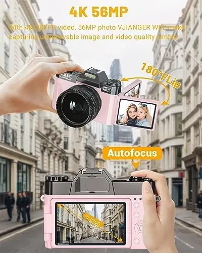2024 Upgrade VJIANGER Digital Camera for Photography Vlogging Camera for YouTube with WiFi, 180° Flip Screen, 16X Digital Zoom, 52mm Lens, 2 Batteries, 32GB Micro SD Card(Pink) - 3