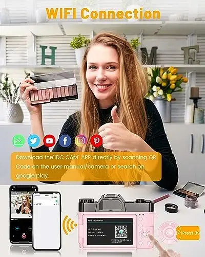 2024 Upgrade VJIANGER Digital Camera for Photography Vlogging Camera for YouTube with WiFi, 180° Flip Screen, 16X Digital Zoom, 52mm Lens, 2 Batteries, 32GB Micro SD Card(Pink) - 5