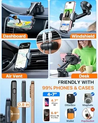 2026 𝗡𝗲𝘄𝗲𝘀𝘁 Best Car Phone Holder【Ultimate 5-in-1 & Upgraded 100+LBS Strongest Suction】【True Military-Grade & Safety Cert】360° Windshield Dashboard Vent Mount for iPhone Android & Truck, Green - 5