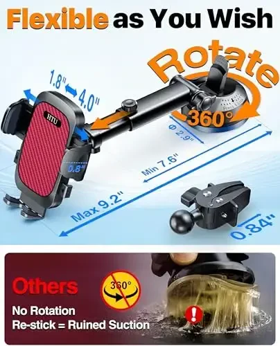 2026 𝗡𝗲𝘄𝗲𝘀𝘁 Best Car Phone Holder【Ultimate 5-in-1 & Upgraded 100+LBS Strongest Suction】【True Military-Grade & Safety Cert】360° Windshield Dashboard Vent Mount for iPhone Android & Truck, Red - 3