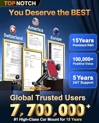 2026 𝗡𝗲𝘄𝗲𝘀𝘁 Best Car Phone Holder【Ultimate 5-in-1 & Upgraded 100+LBS Strongest Suction】【True Military-Grade & Safety Cert】360° Windshield Dashboard Vent Mount for iPhone Android & Truck, Red - 6