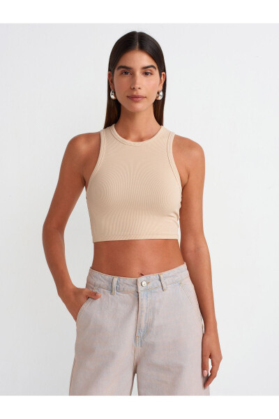 20820 Dikiş Efektli Crop Top - Açık Bej - 13