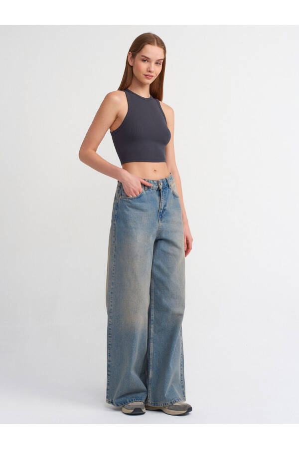 20820 Dikiş Efektli Crop Top-Antrasit-Antrasit - 8