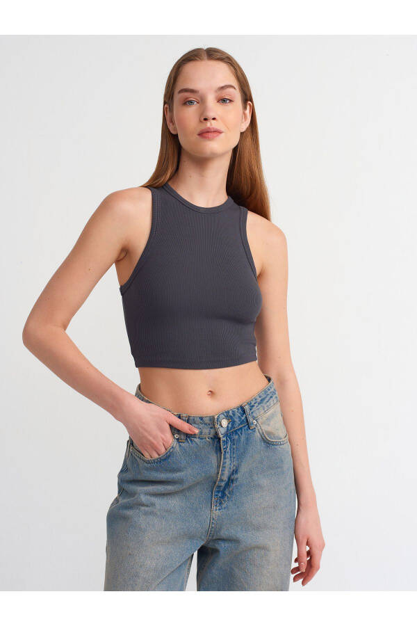 20820 Dikiş Efektli Crop Top-Antrasit-Antrasit - 1