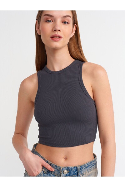 20820 Dikiş Efektli Crop Top-Antrasit-Antrasit - 3