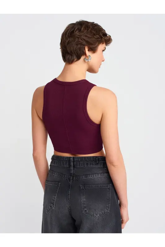 20820 Dikiş Efektli Crop Top-Bordo-Bordo - 2
