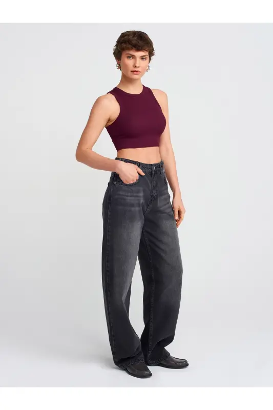 20820 Dikiş Efektli Crop Top-Bordo-Bordo - 3