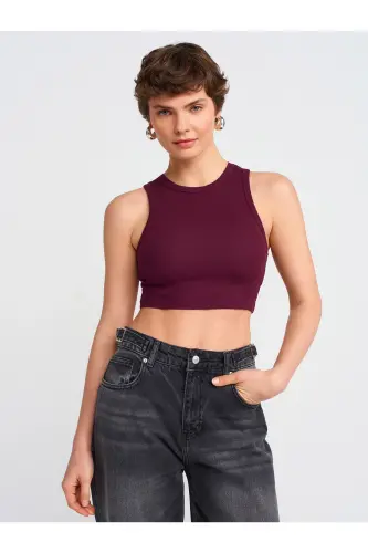 20820 Dikiş Efektli Crop Top-Bordo-Bordo - 4