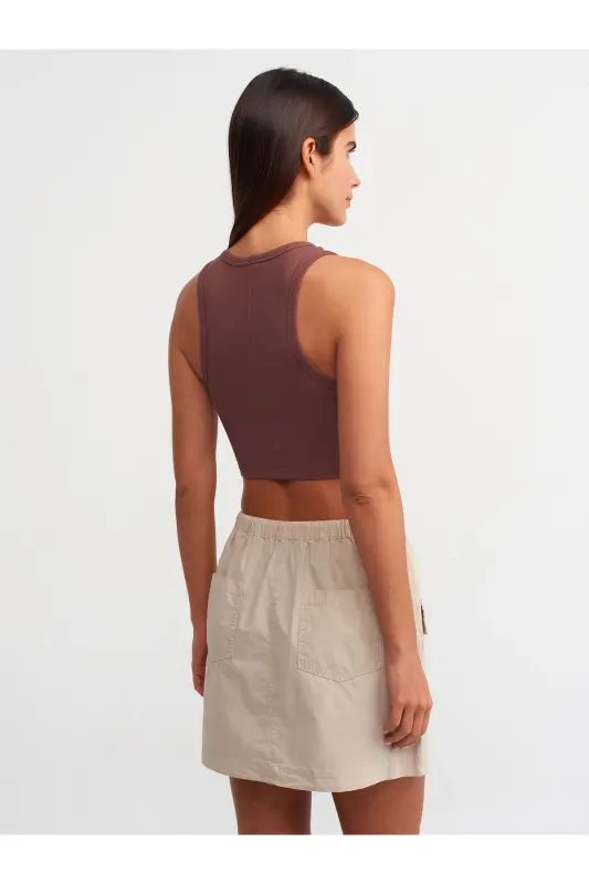 20820 Dikiş Efektli Crop Top-Kahve-Kahve - 2
