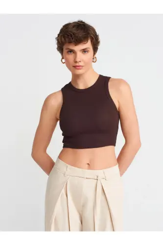 20820 Dikiş Efektli Crop Top-Koyu Kahve-Koyu Kahve 