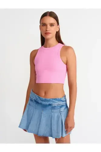 20820 Dikiş Efektli Crop Top-Pembe-Pembe - 1