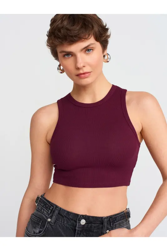 20820 Stitched Effect Crop Top-Burgundy-Burgundy - 1