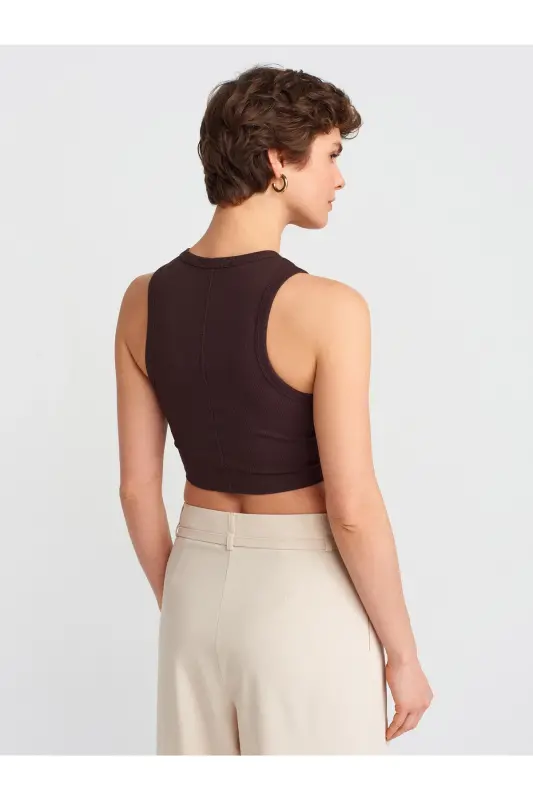20820 Stitched Effect Crop Top-Dark Brown-Dark Brown - 2