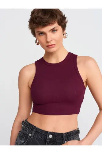 20820 Tikuv Effektli Crop Top-Bordo-Bordo - 1