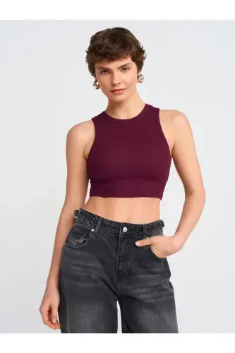 20820 Tikuv Effektli Crop Top-Bordo-Bordo - 4