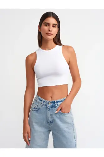 20820 Tikuv Effektli Crop Top-Oq-Oq 