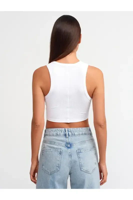 20820 Tikuv Effektli Crop Top-Oq-Oq - 3