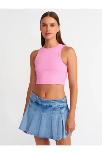 20820 Tikuv Effektli Crop Top-Pushti-Pushti - 1