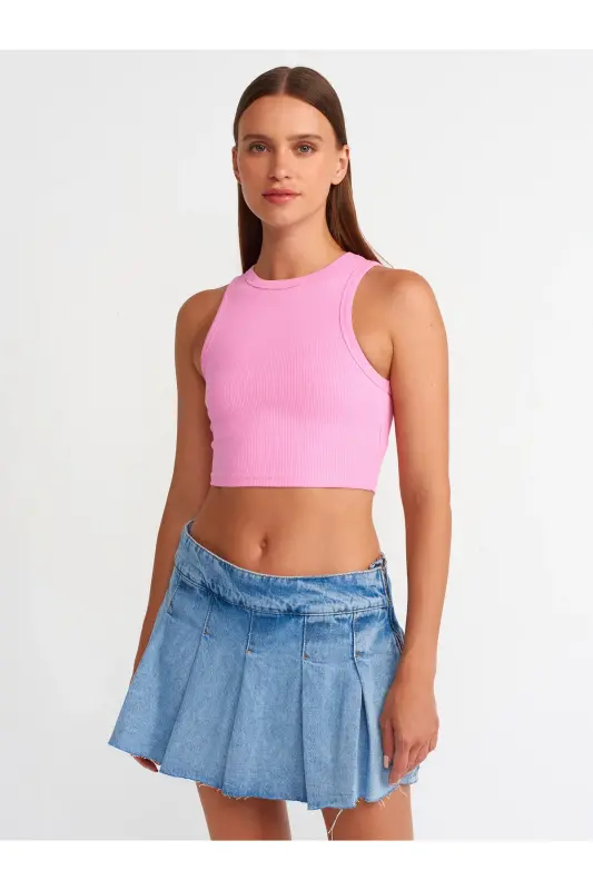 20820 Tikuv Effektli Crop Top-Pushti-Pushti - 1