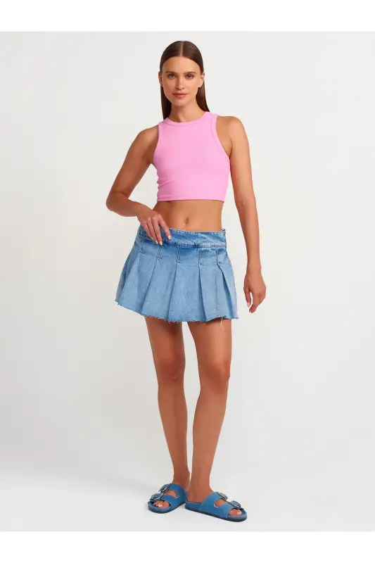 20820 Tikuv Effektli Crop Top-Pushti-Pushti - 3