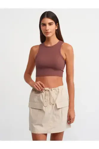 20820 Tikuv Effektli Crop Top-Qahva-Qahva - 1