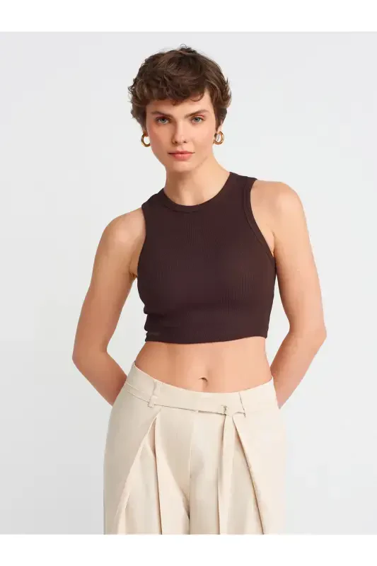 20820 Tikuv Effektli Crop Top-Toʻq Jigarrang-Toʻq Jigarrang - 1