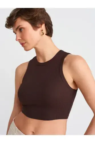 20820 Tikuv Effektli Crop Top-Toʻq Jigarrang-Toʻq Jigarrang - 4