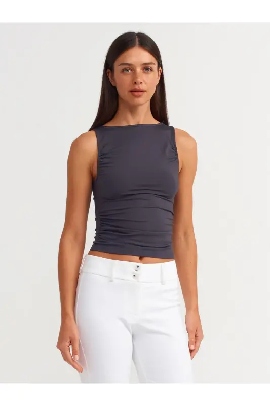 20827 Sleeveless Ruched Top - Anthracite - DILVIN