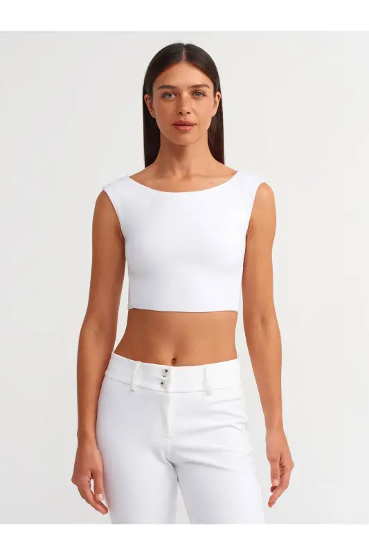 20869 Kayık Yaka Crop Top-Beyaz-Beyaz - 4