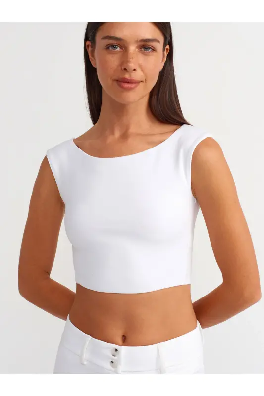 20869 Kayık Yaka Crop Top-Beyaz - Beyaz - 1