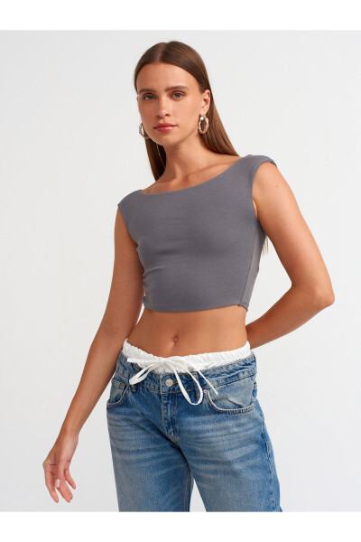 20869 Kayık Yaka Crop Top-Füme - Füme - 17